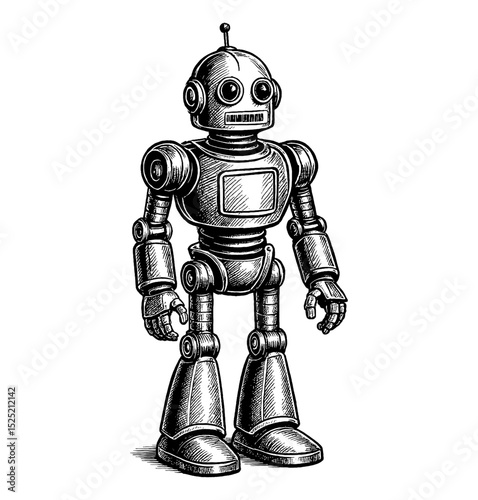 Illustration of Detailed Standing Robot with Antenna in Vintage Engraved Style