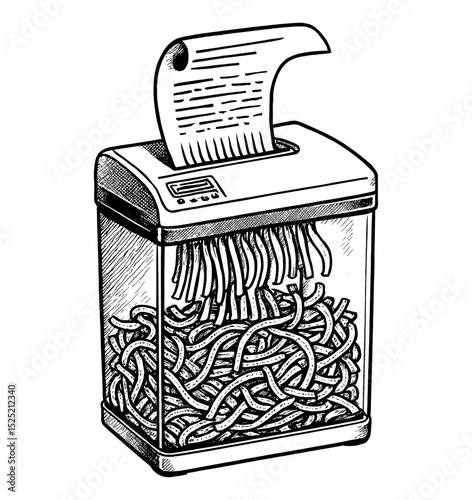 Illustration of a Paper Shredder with Shredded Paper in a Black and White Style