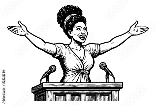 African American Woman Speaker with Arms Outstretched on Podium Giving Speech Line Art