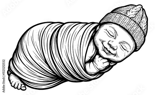 Sleeping Baby Wrapped in Blanket Wearing Knitted Hat in Black and White Engraving Style