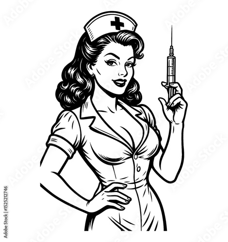 Attractive Caucasian nurse holding syringe pinup style in black and white illustration
