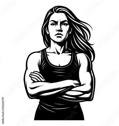 Strong Woman with Arms Crossed in Tank Top with Determined Expression Black and White Illustration