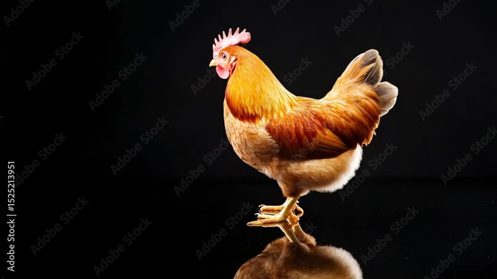 A vibrant chicken pecking at its reflection on a glossy black surface in a studio setting