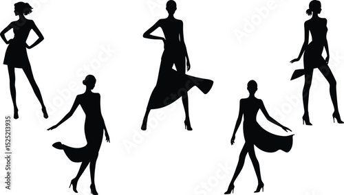 Silhouette fashion women posing in dresses and heels, perfect for modeling, style, boutique branding, fashion design, elegance and beauty.

 flat vector illustration