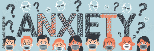 Digital vector illustration of anxiety with worried faces masks and question marks – Perfect for healthcare campaigns mental health articles or pandemic stress topics