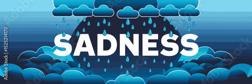 Digital illustration of sadness text with rain clouds and teardrops in blue palette – Ideal for depression support and wellness campaigns