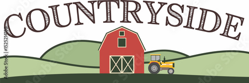Rustic countryside text with barn tractor and green hills on pastoral landscape – Suitable for farming content rural branding or outdoor themes