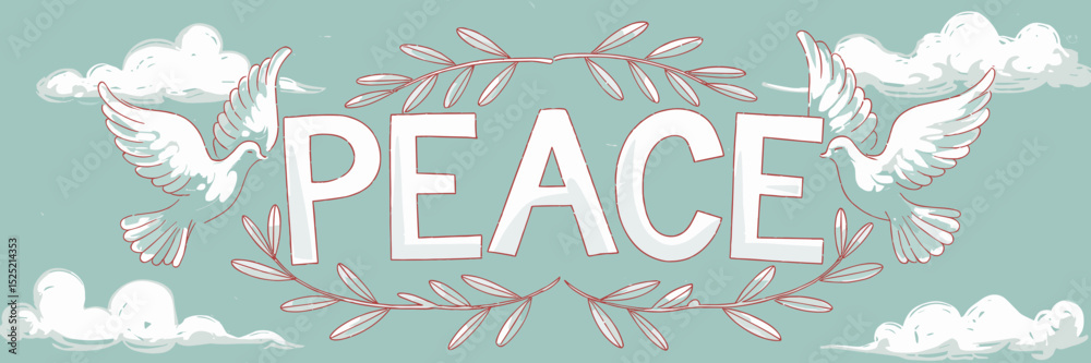 Fototapeta premium Soft pastel vector illustration of peace text with doves and olive branches in blue sky – Suitable for peace campaigns, calmness, or spirituality content