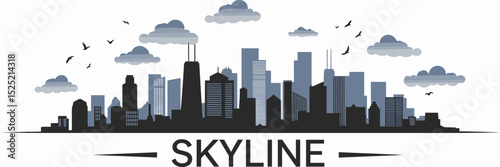 Vector city skyline silhouette with tall buildings clouds and birds – suitable for urban lifestyle, business districts, and cityscape designs