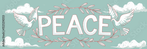 Soft pastel vector illustration of peace text with doves and olive branches in blue sky – Suitable for peace campaigns, calmness, or spirituality content