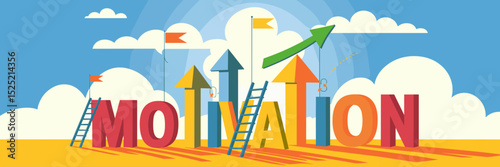 Motivational illustration with ladders, goal flags, and upward arrows in bright sky – Perfect for productivity, goal setting, or self-improvement visuals