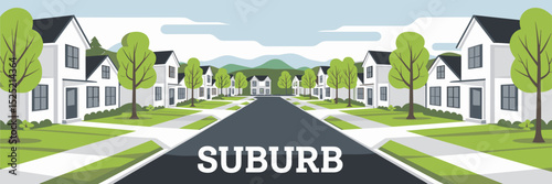 Clean vector illustration of suburban neighborhood with white houses black doors and green trees – great for real estate, community, and home design content