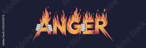 Vector illustration of anger text with fire and clenched fists on dark background – Perfect for emotion, stress, or conflict-related visuals