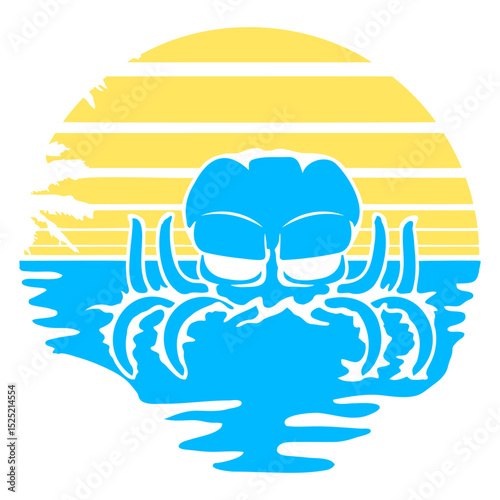 Octopus sea sunset beach vacation lines kraken fun Isolated Vector Graphic Design Illustration
