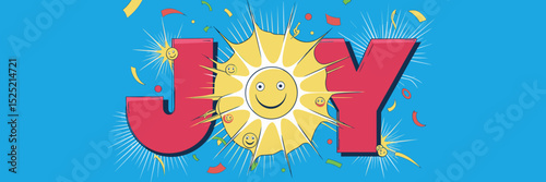 Bold vector "Joy" text with bright yellow sunshine and smiling faces on blue background – Suitable for uplifting messages, positive branding, or cheerful marketing