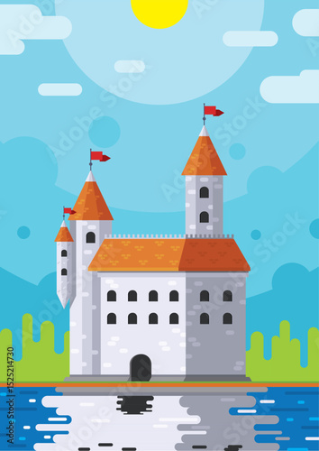 Cartoon-style castle with red roofs by a lake under sunny sky in flat vector design.