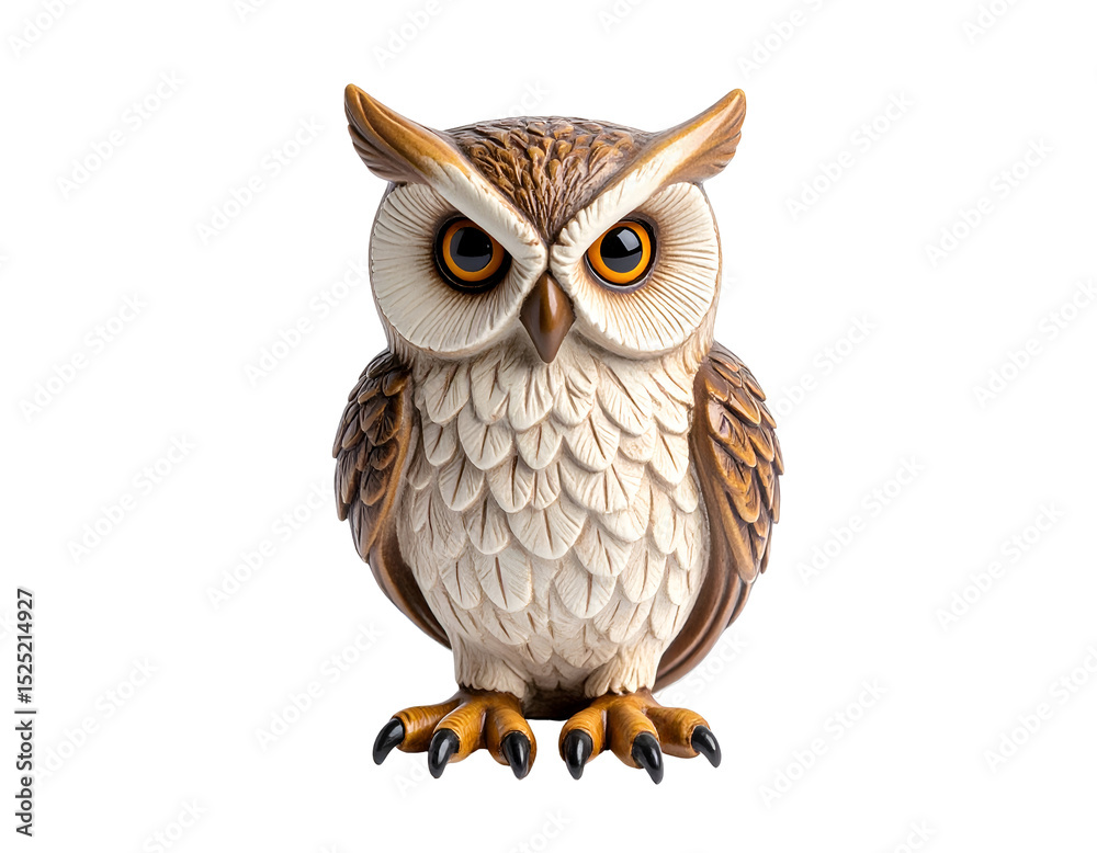 Obraz premium Detailed owl sculpture with intricate feather patterns and natural colors. Isolated transparent background