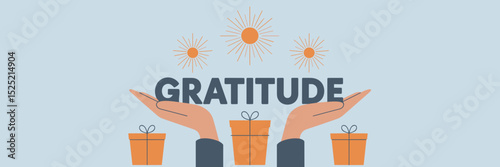 Gratitude text held by hands with gift boxes and sunbursts on light blue background – Suitable for kindness promotions, holidays, or gift giving
