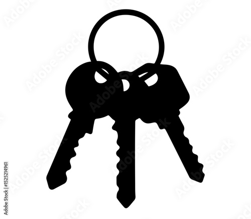 Silhouette of three keys on a keyring on a transparent background with copy space for text