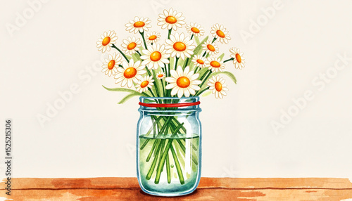 Mason jar filled with chamomile bouquet on wooden table in watercolor  for organic brand catalogs