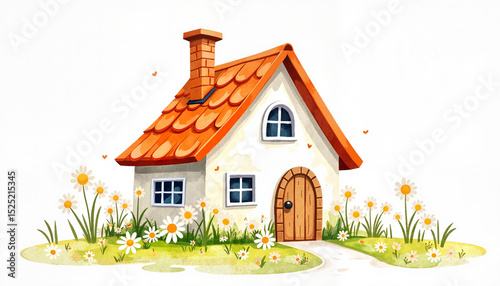 Cute illustrated house with chamomiles and grass in a whimsical style  for children's illustrations
