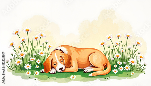 Dog napping beside chamomile field in peaceful watercolor style  for pet product packaging 