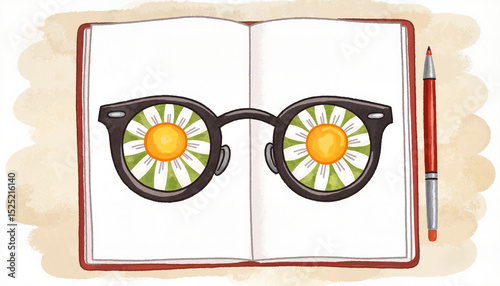 Glasses with daisy lenses resting on an open notebook with a pen for office decor