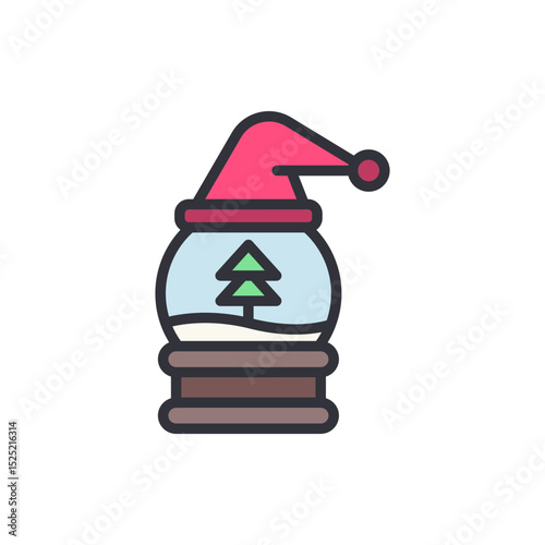 Adorable Santa Hat Topped Snow Globe With A Winter Tree Inside