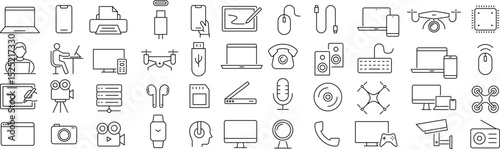 ベクターでモノクロのガジェットに関する線画アイコンセット
