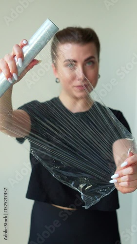 Young woman unfolding cling film in front of camera standing in room, medium shot, 4K