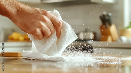 An attentive hand is cleaning a countertop with a white cloth, capturing the essence of tidiness and responsibility in daily life, perfect for themes of cleanliness and home care.