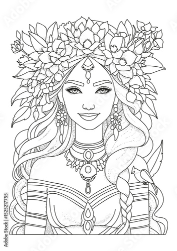 Portrait of a girl with long hair decorated with flowers. Coloring page. Illustration for coloring.