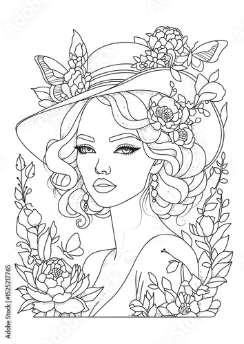 Portrait of a beautiful young woman in a hat decorated with flowers. Coloring for children and adults. Illustration for coloring.