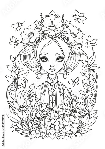 Portrait of a cute girl in the garden, with her hair decorated with flowers. Coloring page. Illustration for coloring.