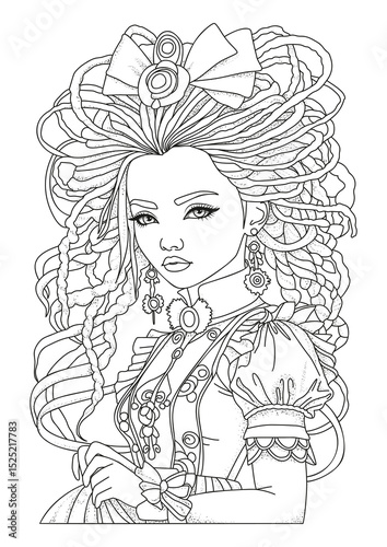 Portrait of a beautiful girl with dreadlocks. Coloring page. Illustration for coloring.