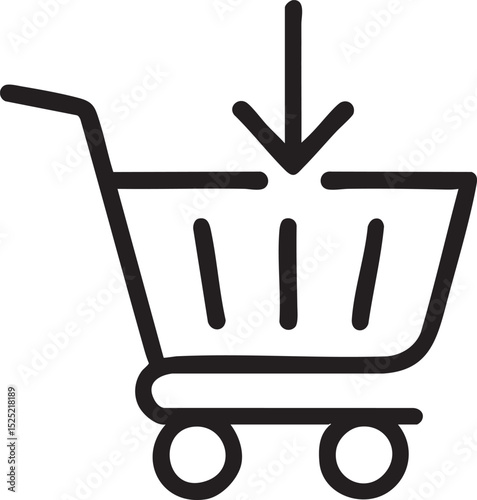 Shopping Cart Icon with Downward Arrow Representing Adding Items to Cart or Downloading simple black