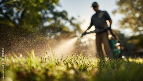 Spraying lawn treatment watering grass