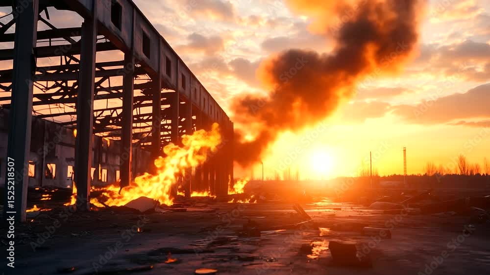 An abandoned warehouse in flames, the building collapsing as orange flames burst through the structure, smoke rising to the sky and casting shadows across the area