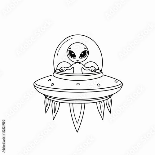 Coloring page, Cartoon alien character in UFO spaceship with large eyes  