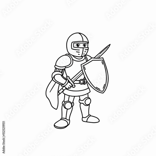 Coloring page, Cartoon knight standing with spear and shield in outlined style  