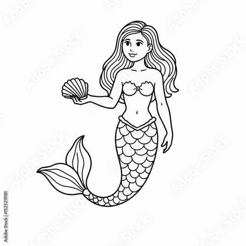 Coloring page, Mermaid holding shell with flowing hair in line art style  