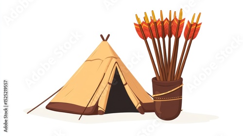 A tan conical tent sits beside a quiver full of arrows with orange fletching, set against a stark white background.  The scene suggests a nomadic or primitive encampment