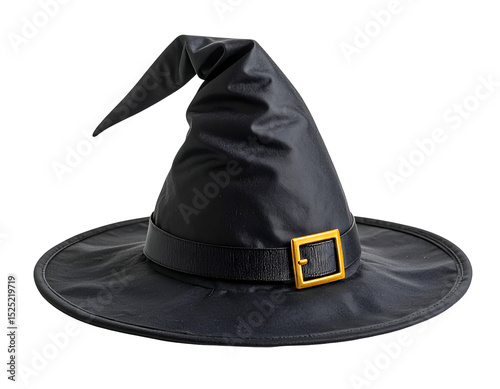 Black witch hat with a pointed top and buckle. Isolated transparent background