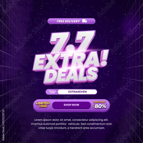 7.7 July Extra Shopping Sale discount deals with Dark purple gradient Editable text effect Galaxy Futuristic style Premium Promotion Marketing banner