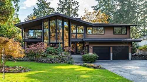 Split-level home with multi-level floors and large windows