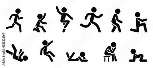 stick figure people icon, pictogram man, isolated human silhouette, people stand, sit, go	
