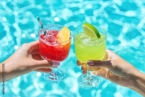 Two women's hands holding colorful cocktails in a pool, clinking glasses, Icy, cool summer drink party concept, Red and green drinks