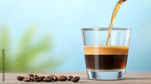 A close-up of espresso being poured into a glass, showcasing rich layers and coffee beans nearby, perfect for coffee enthusiasts.