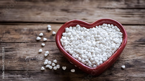 A heart-shaped dish filled with small white stones placed on a wooden table