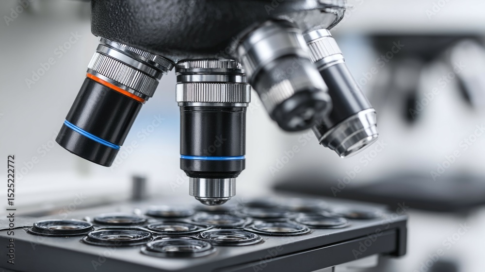 Fototapeta premium Microscope in laboratory setting with multiple lenses and specimen slide.